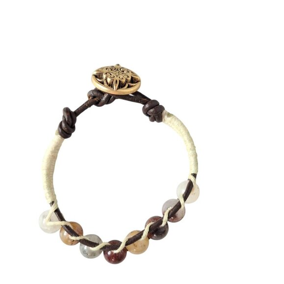 Vintage Boho Chic Glass Bead Leather Bracelet - Picture 7 of 8